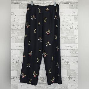 Talbots High Waist Straight Leg Japanese Embroidered Silk Cotton Pants 12 Black